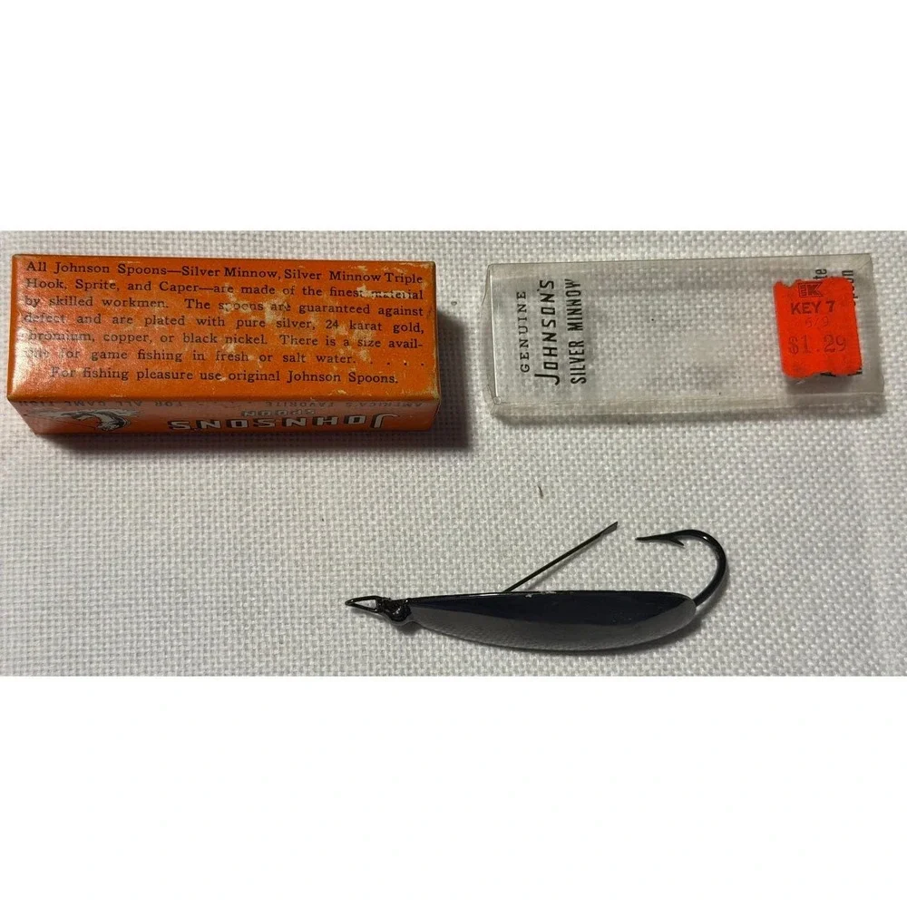 VTG Johnson's Silver Minnow Spoon Fishing Lure Black Nickel Weedless with Box